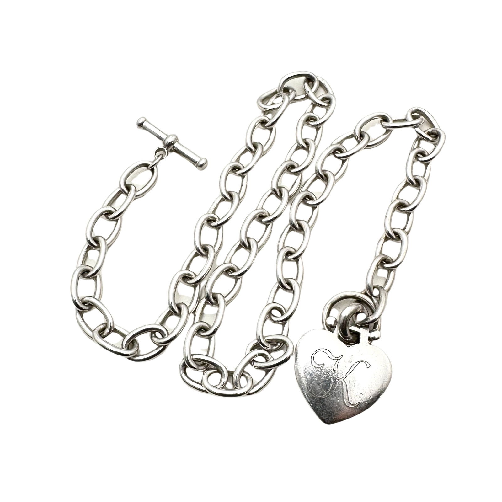 Sterling Silver "K" Heart Charm Necklace : Sterling Silver "K" Heart Charm Necklace, 52 Grams