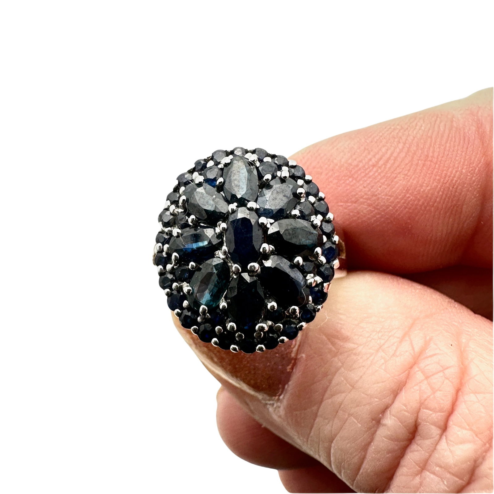 Blue Sapphire Cluster Sterling Silver Ring Size 8: Blue Sapphire Cluster Sterling Silver Ring Size 8