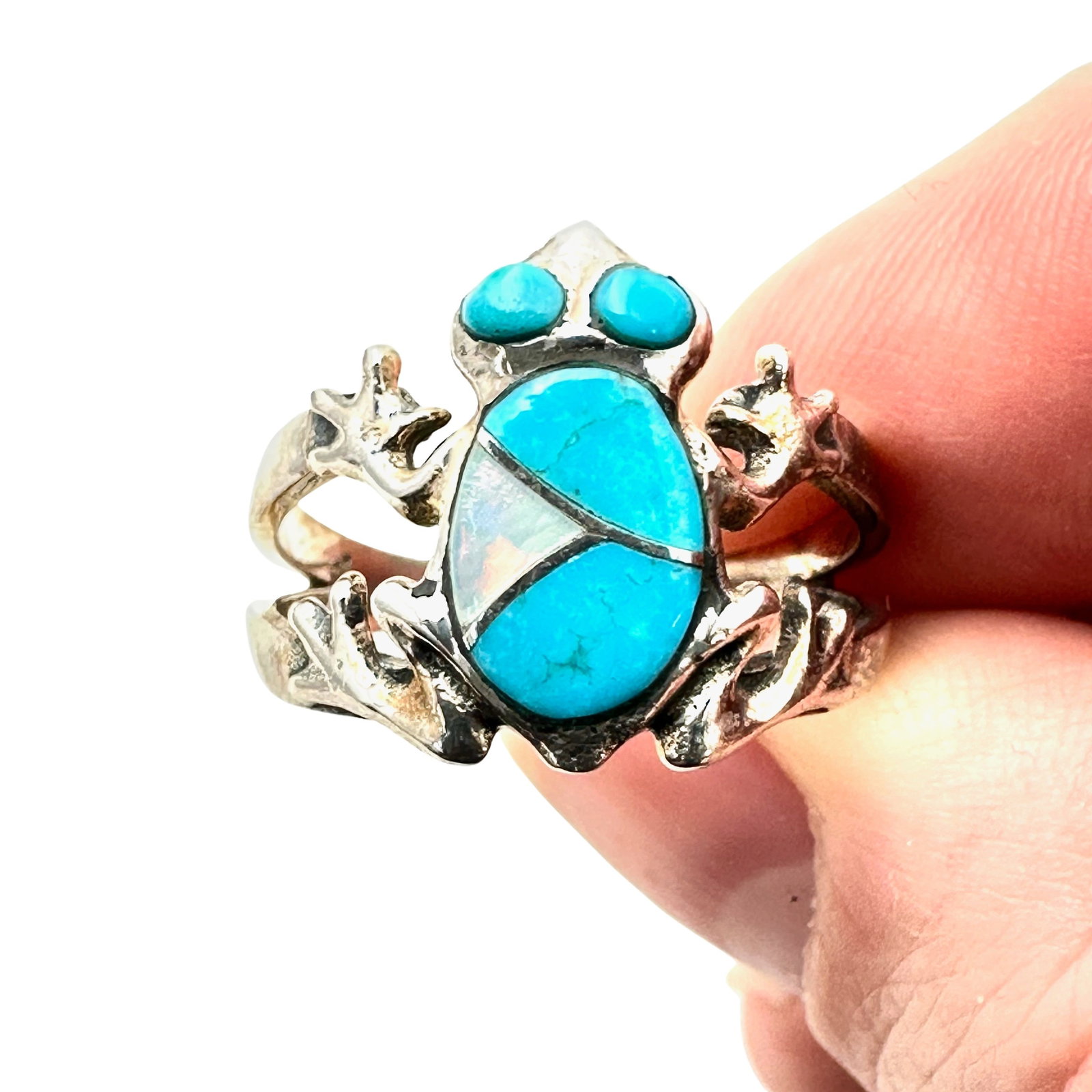 Southwest Style Turquoise Opal Sterling Silver Frog Ring Size 10: Southwest Style Turquoise Opal Sterling Silver Frog Ring Size 10