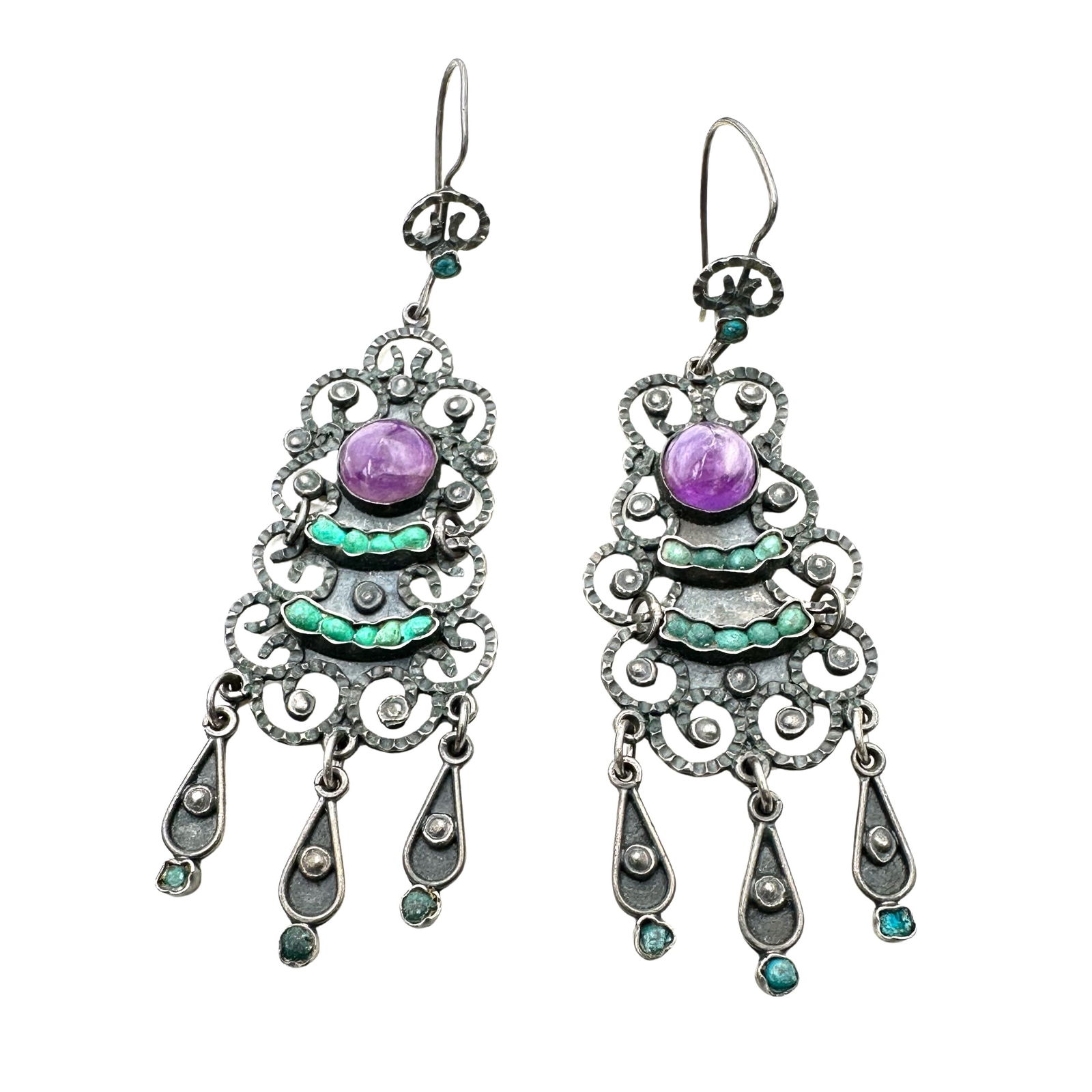 Antique Mexico Early Sterling Silver Amethyst Turquoise Chandelier Earrings 3 Inch Length: Antique Mexico Early Sterling Silver Amethyst Turquoise Chandelier Earrings 3 Inch Length