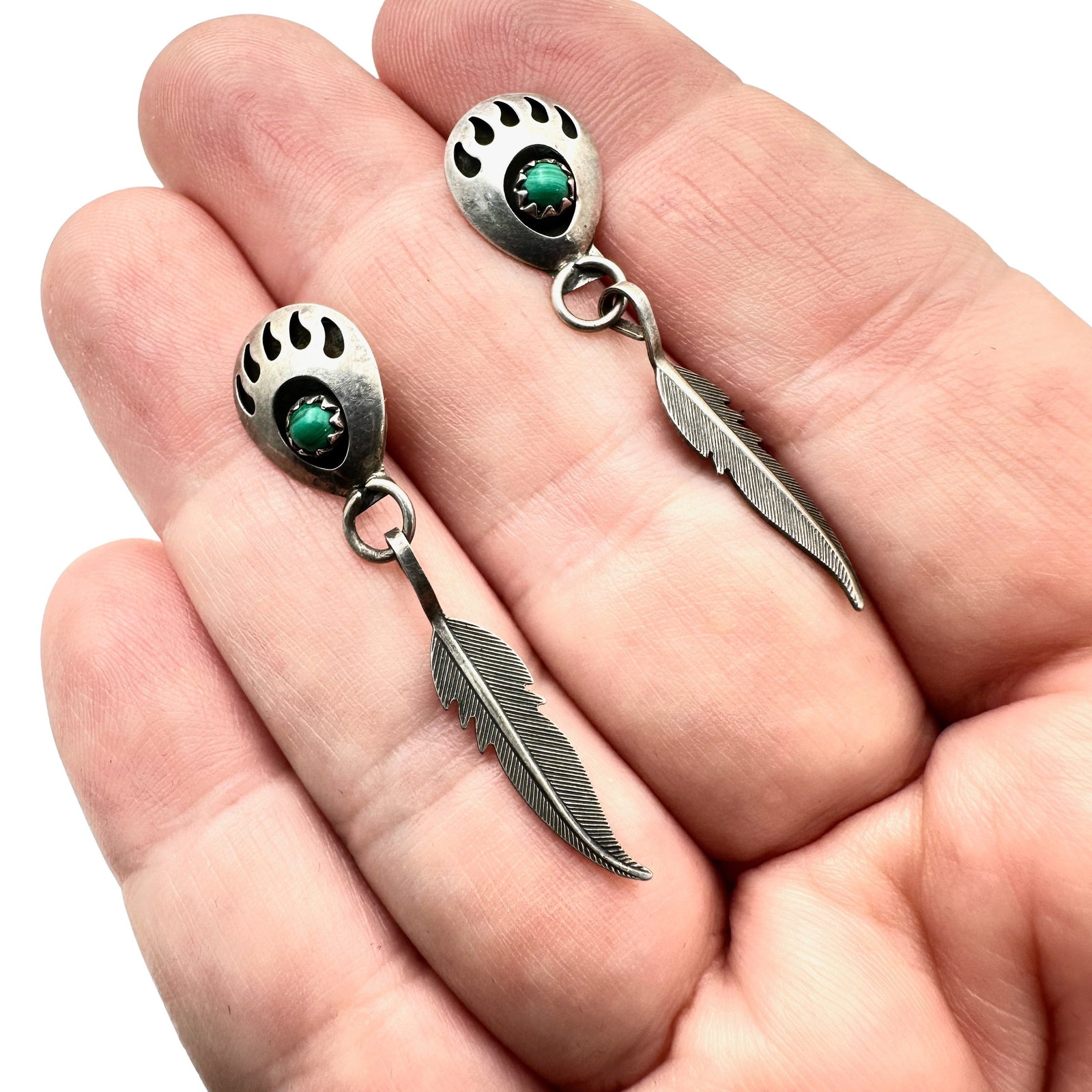 American Southwest Turquoise Sterling Silver Bear Claw Feather Earrings: American Southwest Turquoise Sterling Silver Bear Claw Feather Earrings