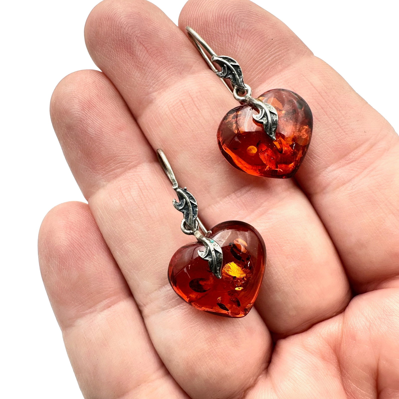 Sterling Silver Amber Heart Pierced Earrings: Sterling Silver Amber Heart Pierced Earrings