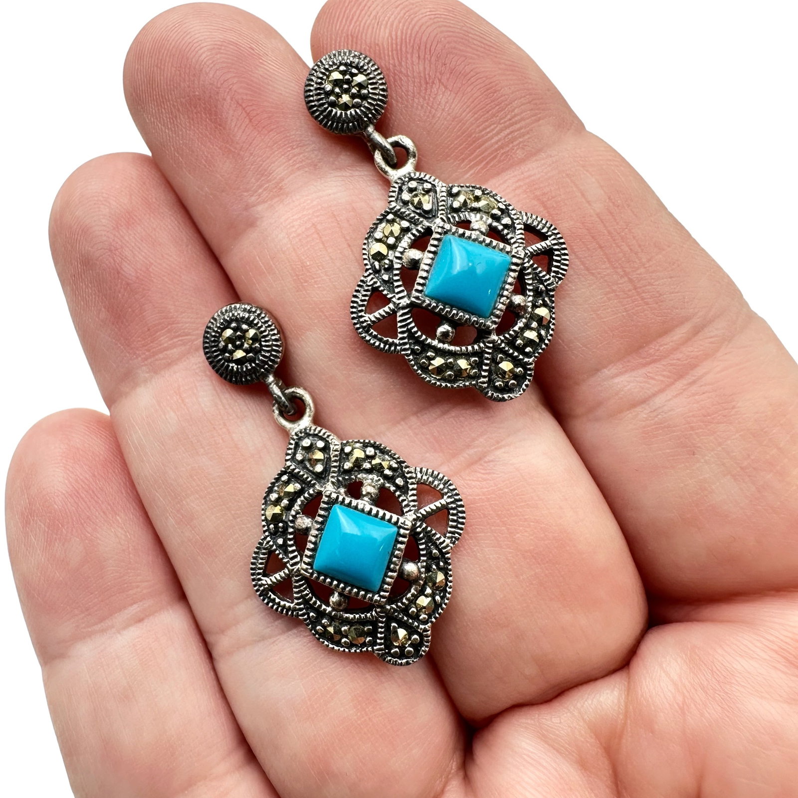 Sterling Silver Turquoise Marcasite Pierced Earrings: Sterling Silver Turquoise Marcasite Pierced Earrings