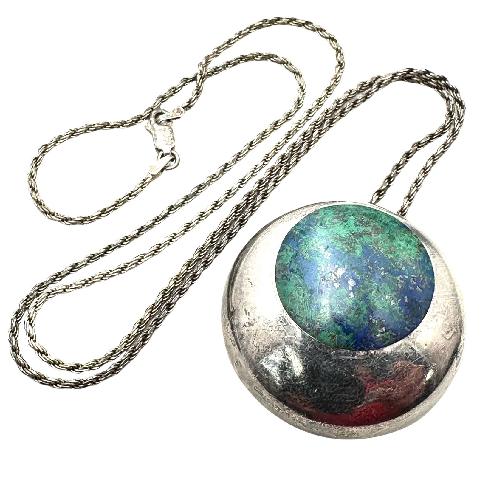 Vintage Mexico Sterling Silver Blue Green Gemstone Pendant Necklace 30 Grams (1 of 3)