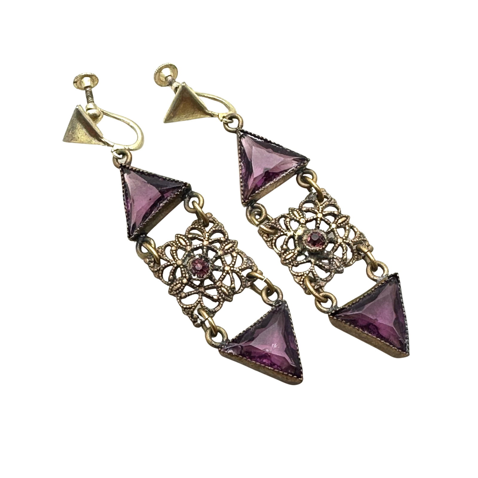 Antique Purple Czech Glass Bronze Tone Screw Back Earrings 2 Inch Triangle Rhinestones: Antique Purple Czech Glass Bronze Tone Screw Back Earrings 2 Inch Triangle Rhinestones