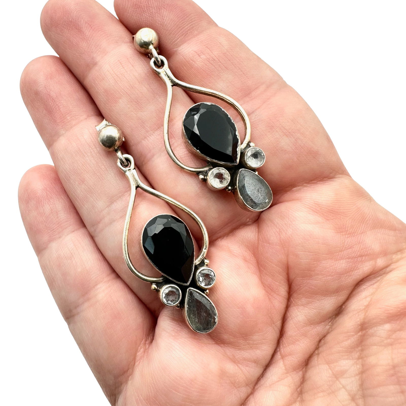 Moonstone Black Onyx Sterling Silver Chandelier Pierced Earrings: Moonstone Black Onyx Sterling Silver Chandelier Pierced Earrings