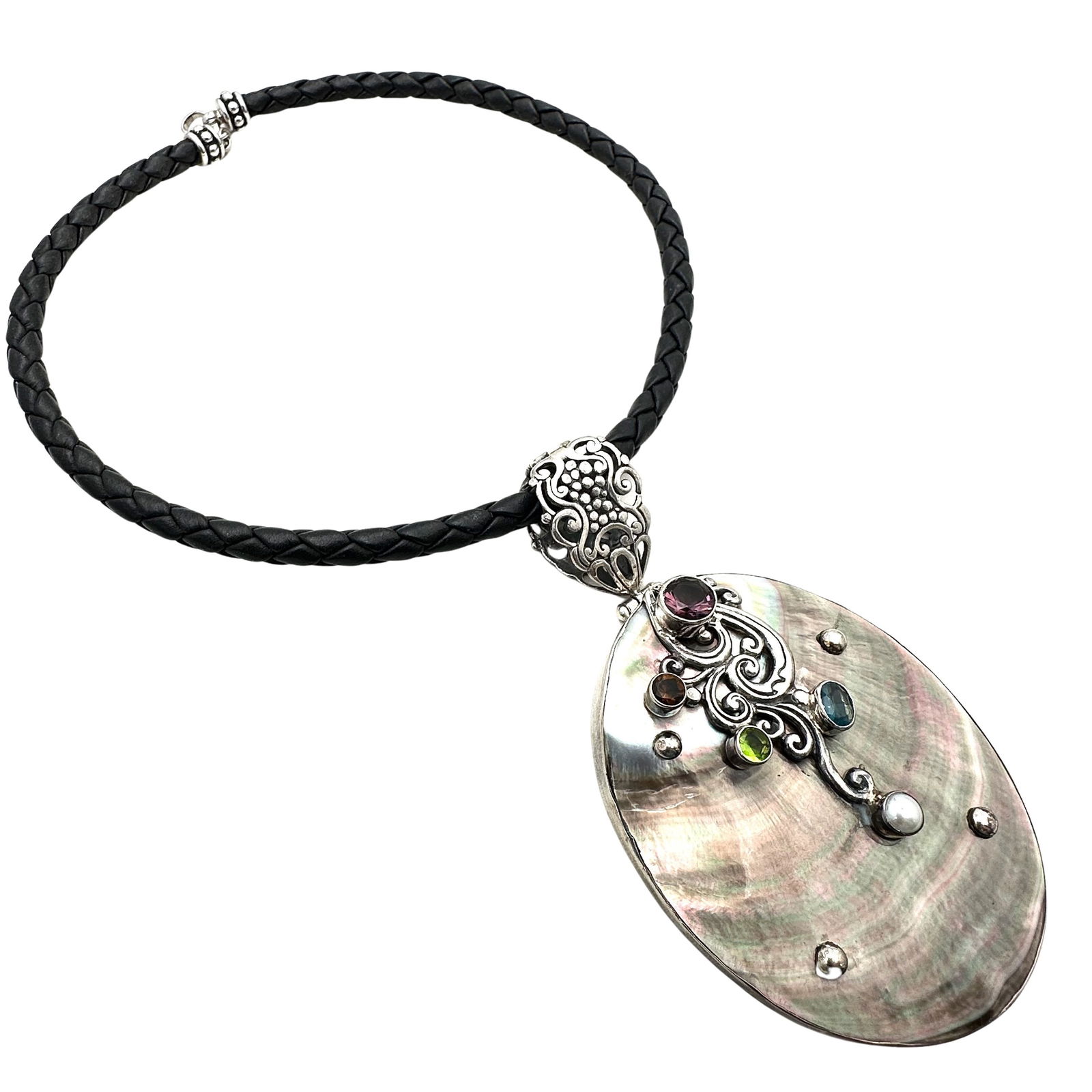 Sterling Silver Abalone Multi Gemstone Pendant Necklace 4 Inch Pendant, 16 Inch Leather Cord (1 of 3)