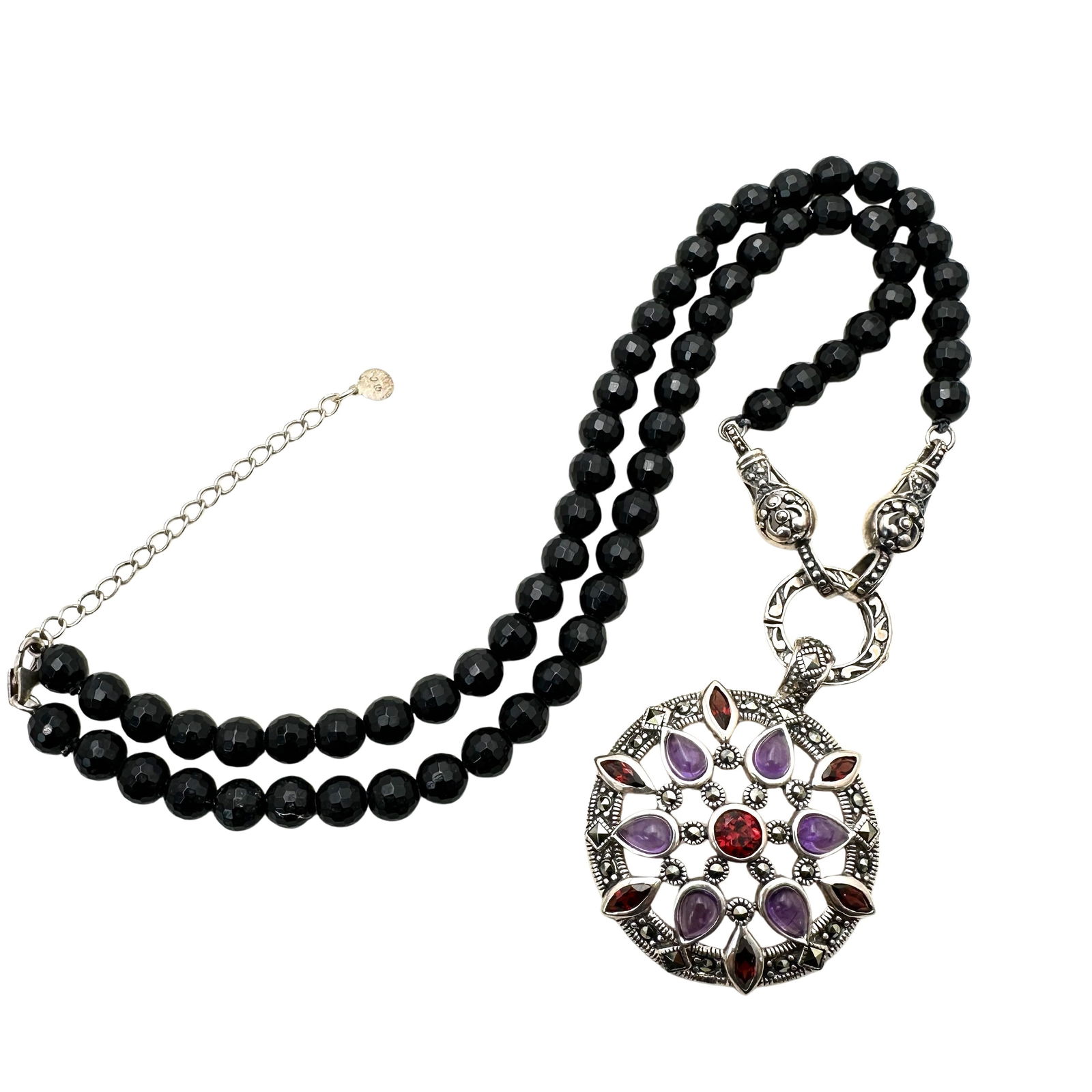 Amethyst Garnet Marcasite Sterling Silver Necklace Pendant Enhancer: Amethyst Garnet Marcasite Sterling Silver Necklace Pendant Enhancer Pendant 1.5 Inch, 16 - 18 Inch Necklace