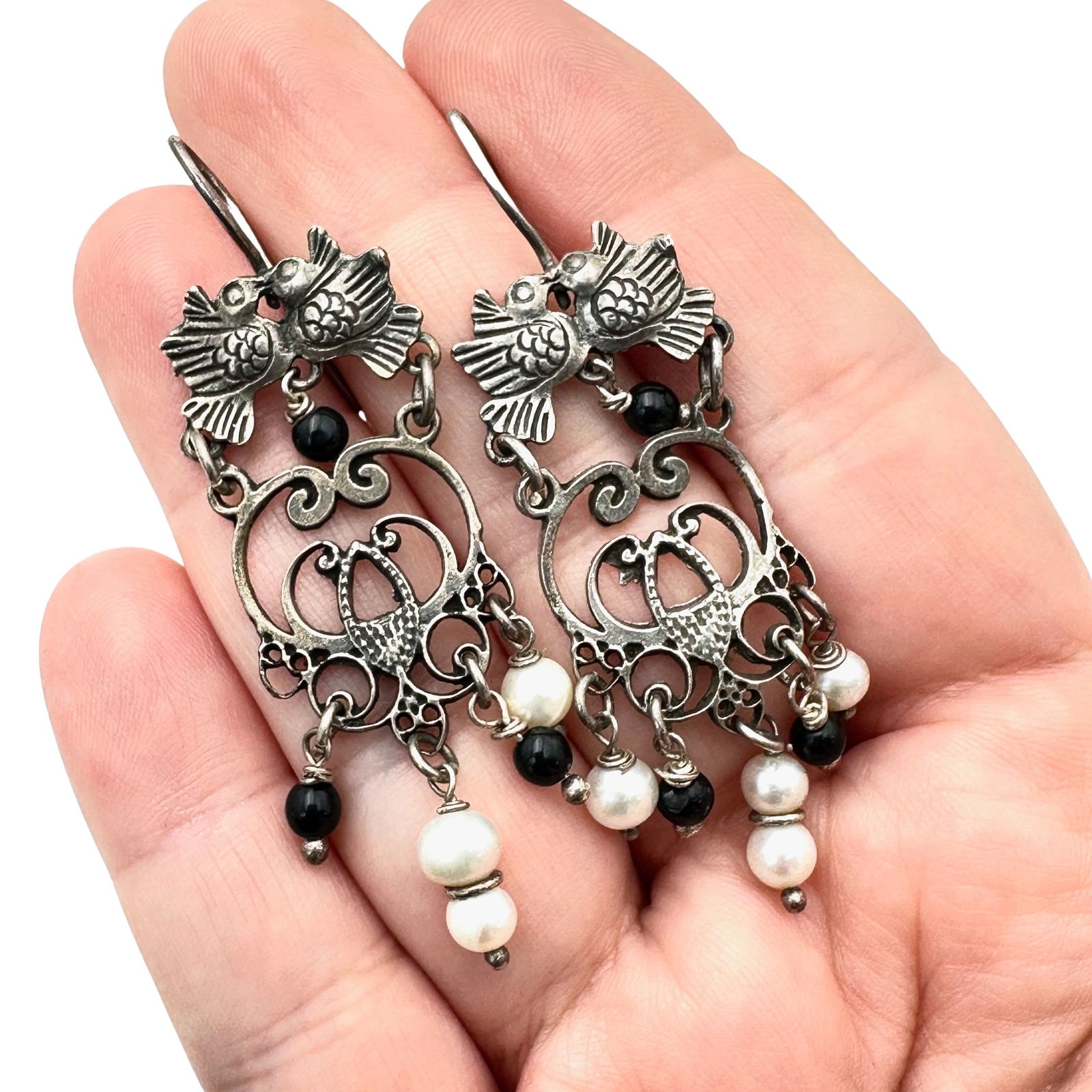 Vintage Sterling Silver Pearl Onyx Chandelier Earrings: Vintage Sterling Silver Pearl Onyx Chandelier Earrings Pierced, 2 inch length