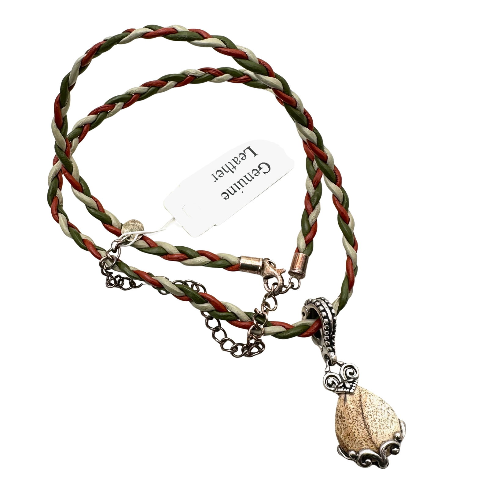 Carolyn Pollack Leather Cord Necklace Sterling Silver Jasper Pendant: Carolyn Pollack Leather Cord Necklace Sterling Silver Jasper Pendant 16 to 18 inch necklace, 1 inch pendant