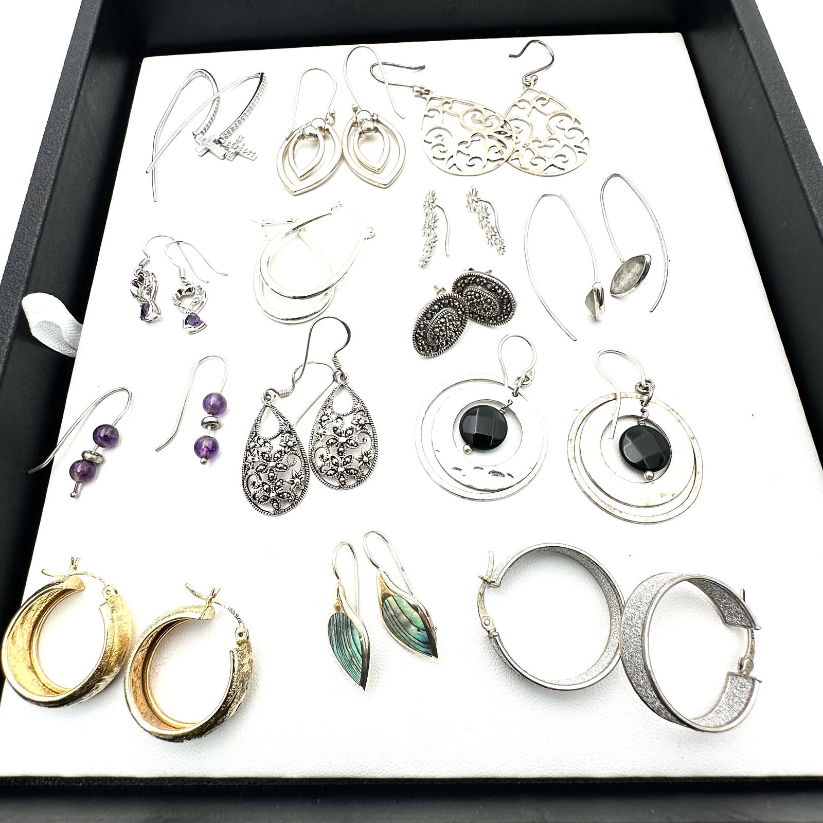 Sterling Silver Earrings Lot Gemstone Marcasite Cross Hoops: Sterling Silver Earrings Lot Gemstone Marcasite Cross Hoops 50 Grams