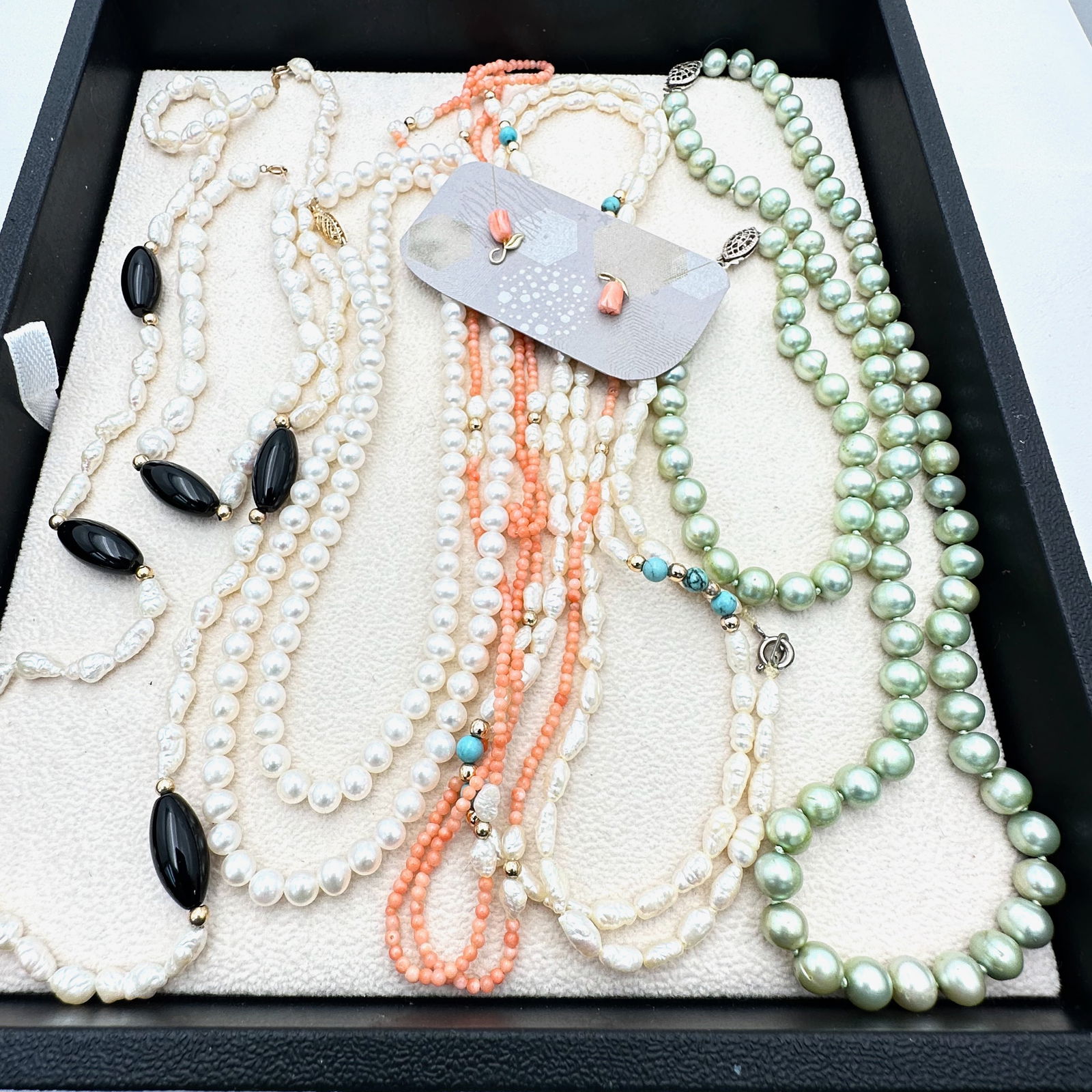 14K Gold Pearl Onyx Coral Turquoise Necklace Earrings Lot: 14K Gold Pearl Onyx Coral Turquoise Necklace Earrings Lot Pierced Earrings, 107 Grams