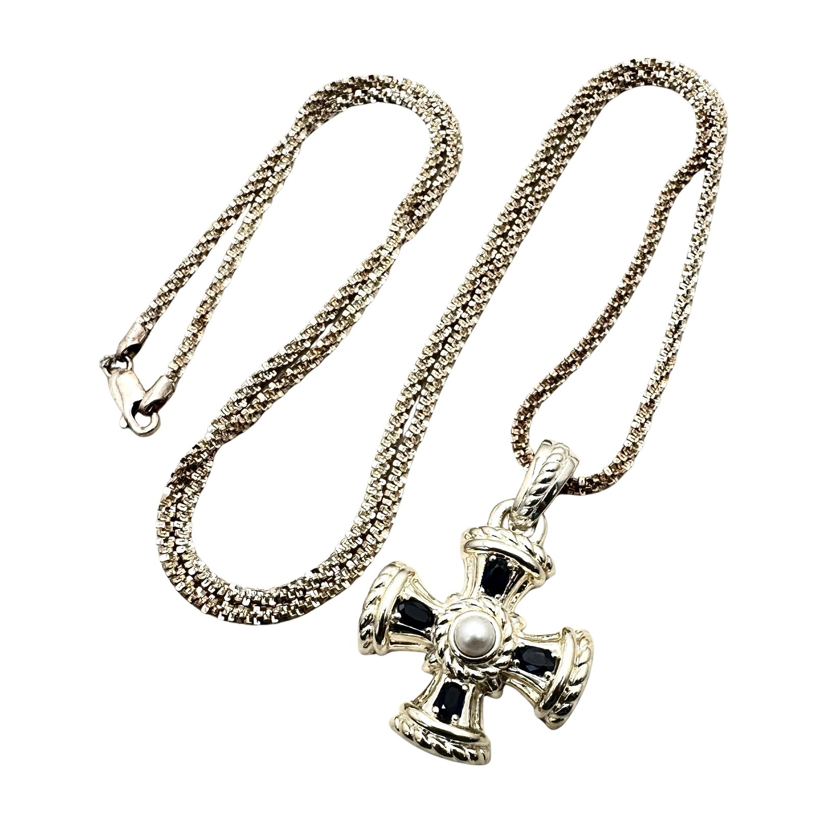 Sterling Silver Sapphire Maltese Cross Pendant Necklace: Sterling Silver Sapphire Maltese Cross Pendant Necklace 31 Grams, 28 Inch 1 3/4 Inch