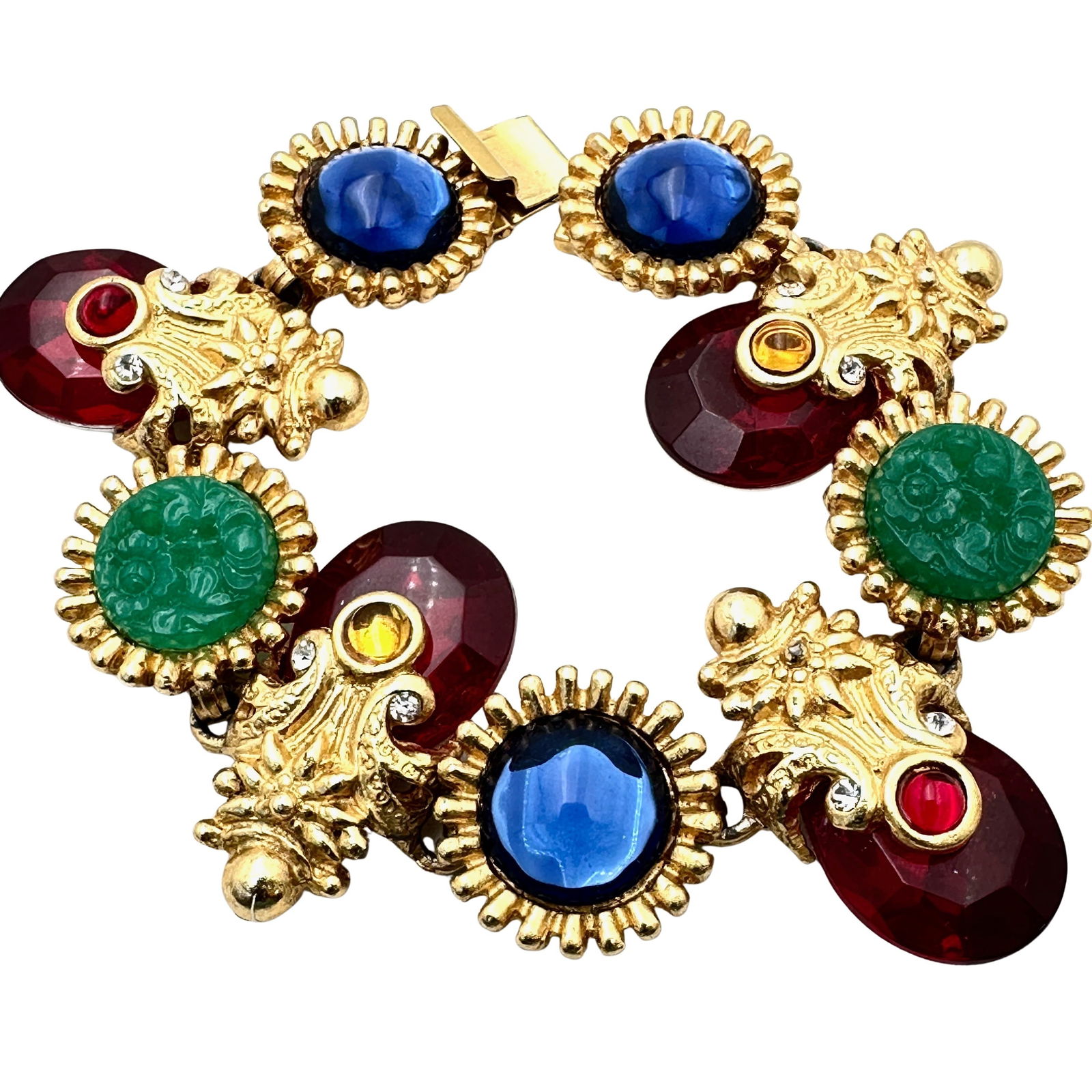 1980s Era Mogul Jewel Tone Rhinesotne Gold Tone Bracelet: 1980s Era Mogul Jewel Tone Rhinesotne Gold Tone Bracelet 7.5 Inch