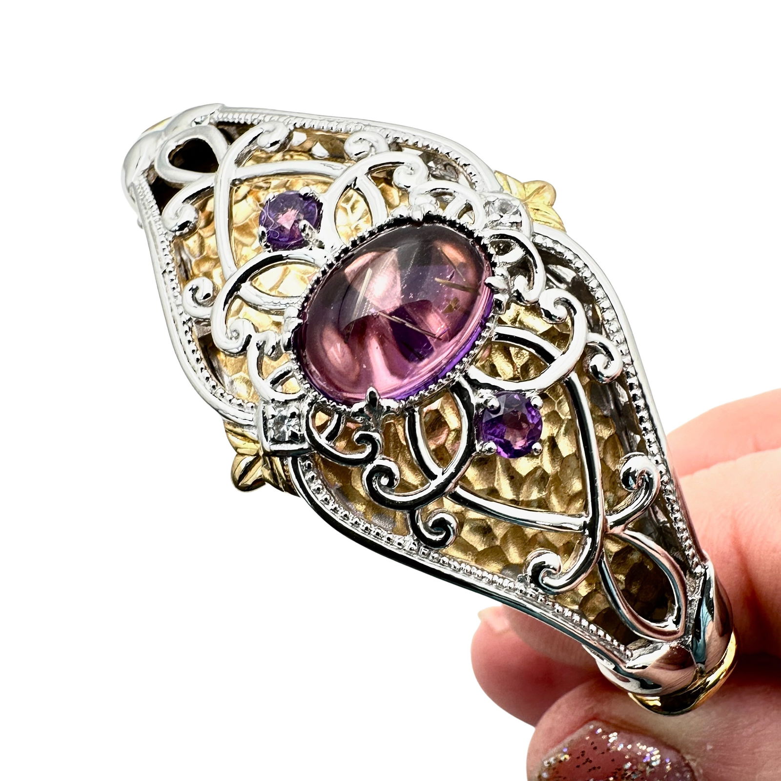 Michael Valitutti Amethyst Rutilated Quartz Sterling Silver Clamper Bracelet: Michael Valitutti Amethyst Rutilated Quartz Sterling Silver Clamper Bracelet Will fit up to 7 inch wrist