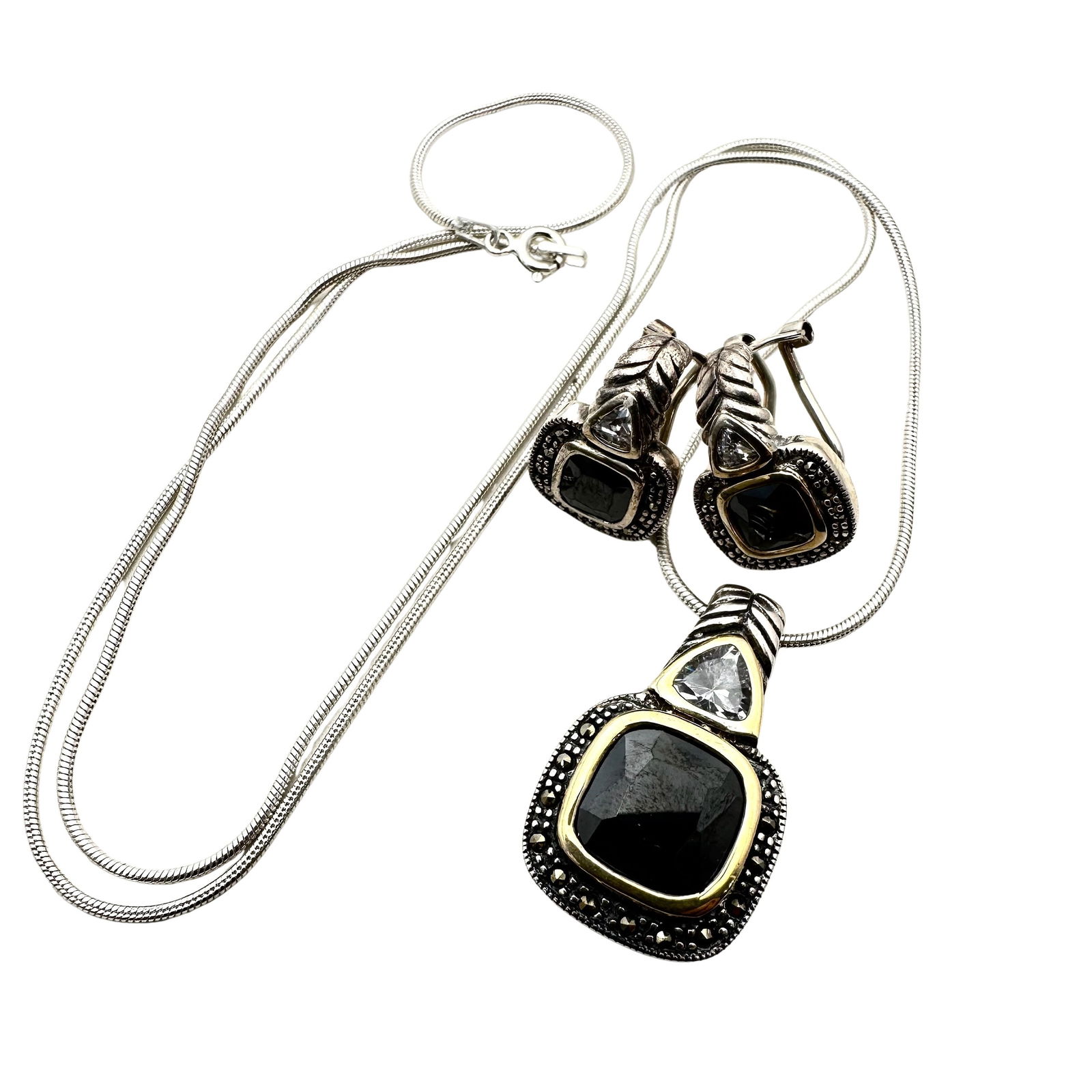 Sterling Silver Marcasite CZ Pendant Necklace Lever Back Pierced Earrings: Sterling Silver Marcasite CZ Pendant Necklace Lever Back Pierced Earrings 1 Inch Earrings, 22 Inch, 1 1/4 Inch Pendant