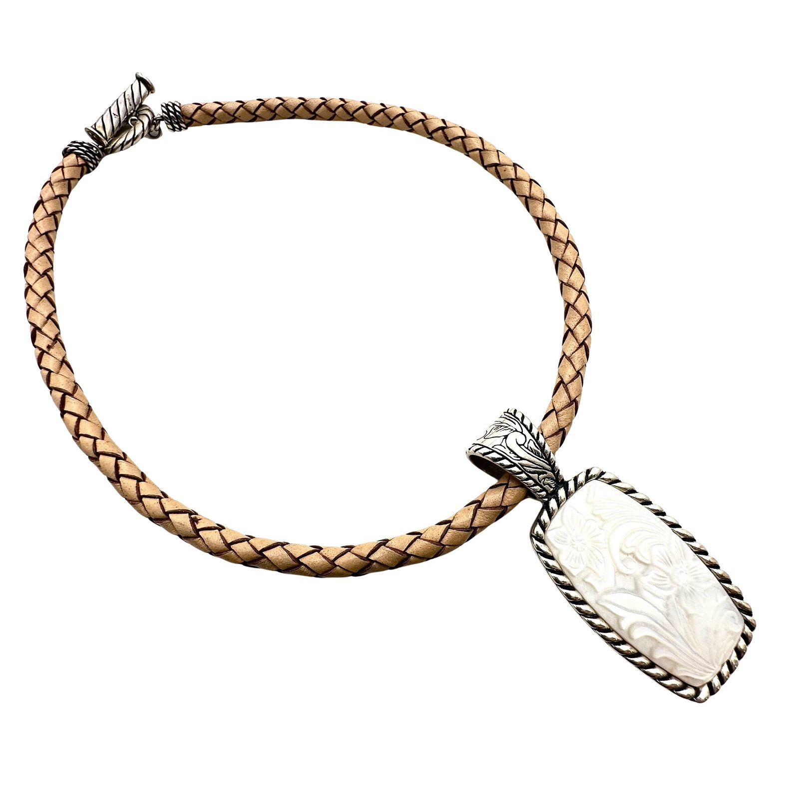 Carolyn Pollack Pearl Pendant Tan Leather Cord Sterling Silver Necklace (1 of 3)