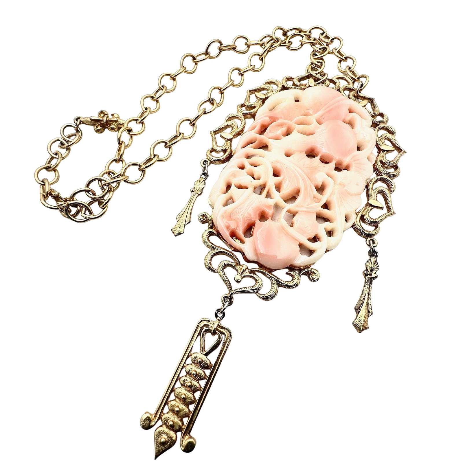 Vintage Vendome Faux Angel Skin Coral Chinese Asian Pendant Necklace RARE: Vintage Vendome Faux Angel Skin Coral Chinese Asian Pendant Necklace RARE 20 Inch Chain, 5 Inch Pendant