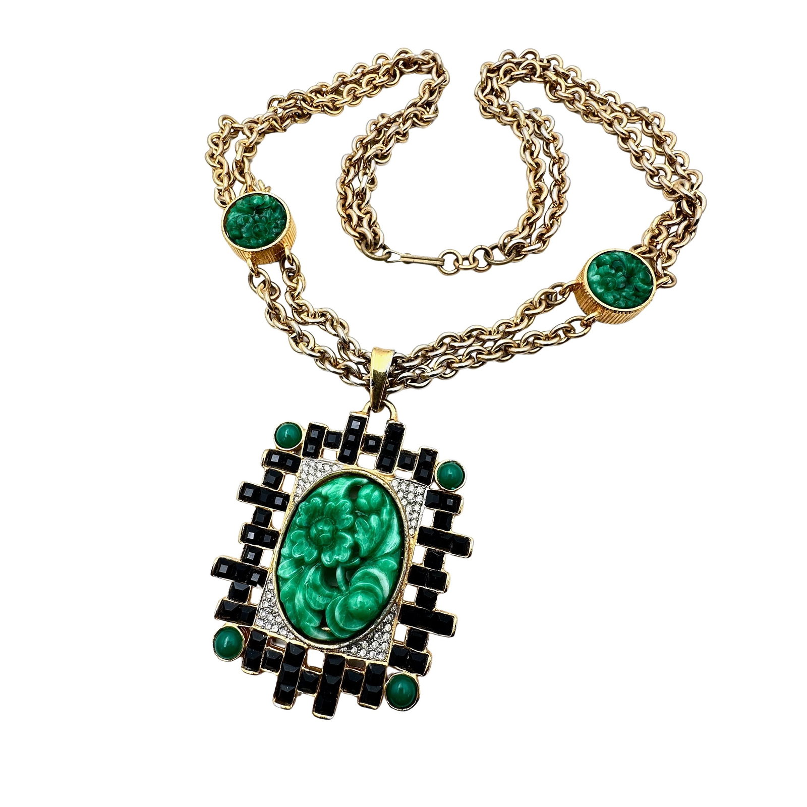 Cadoro Womens Necklace Vintage Faux Green Jade Asian Design Gold Tone Rare: Cadoro Womens Necklace Vintage Faux Green Jade Asian Design Gold Tone Rare 24 Inch Chain, Pendant 3 Inch
