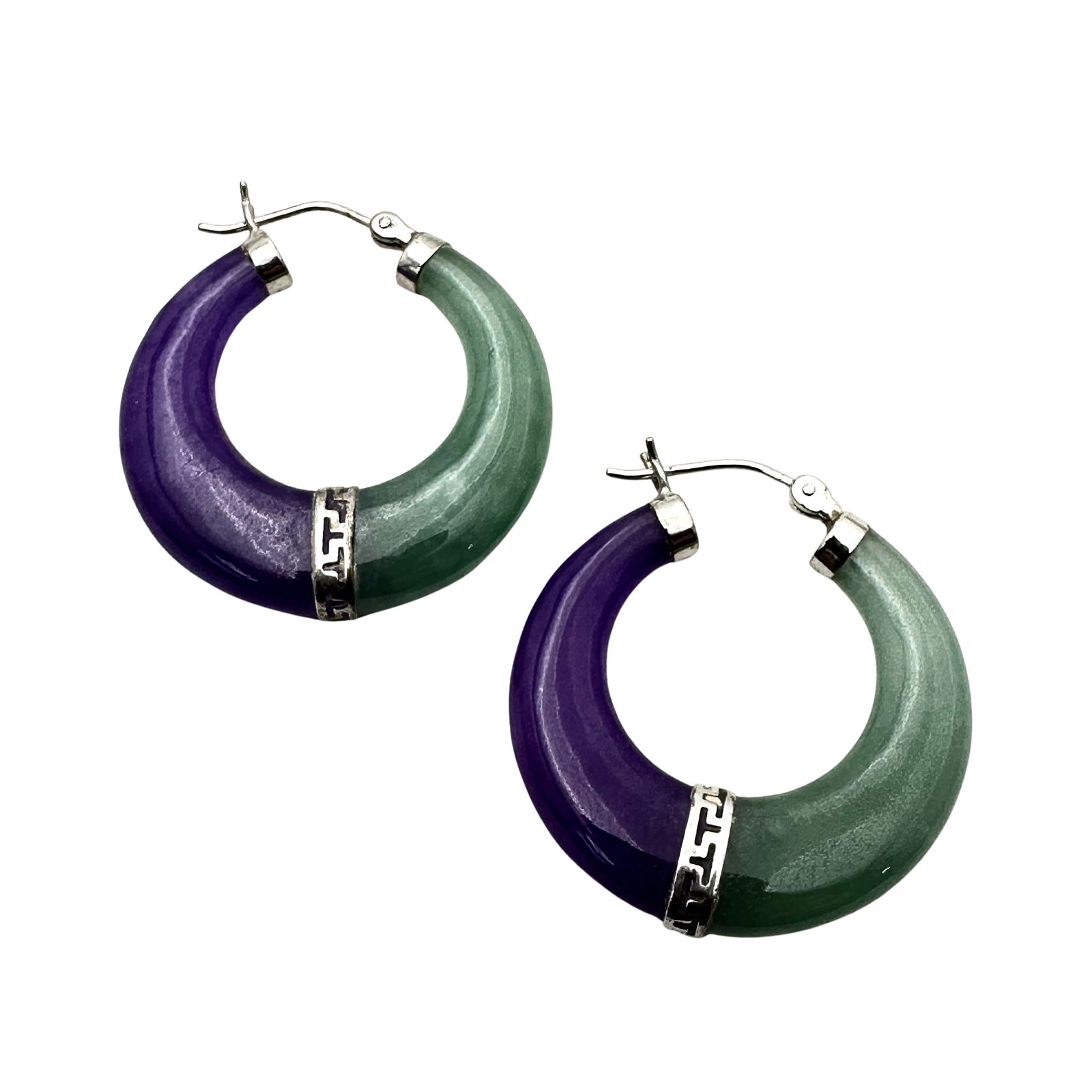 Purple & Green Jade Sterling Silver Hoop Earrings: Purple & Green Jade Sterling Silver Hoop Earrings 1 1/4 Inch Length, Pierced