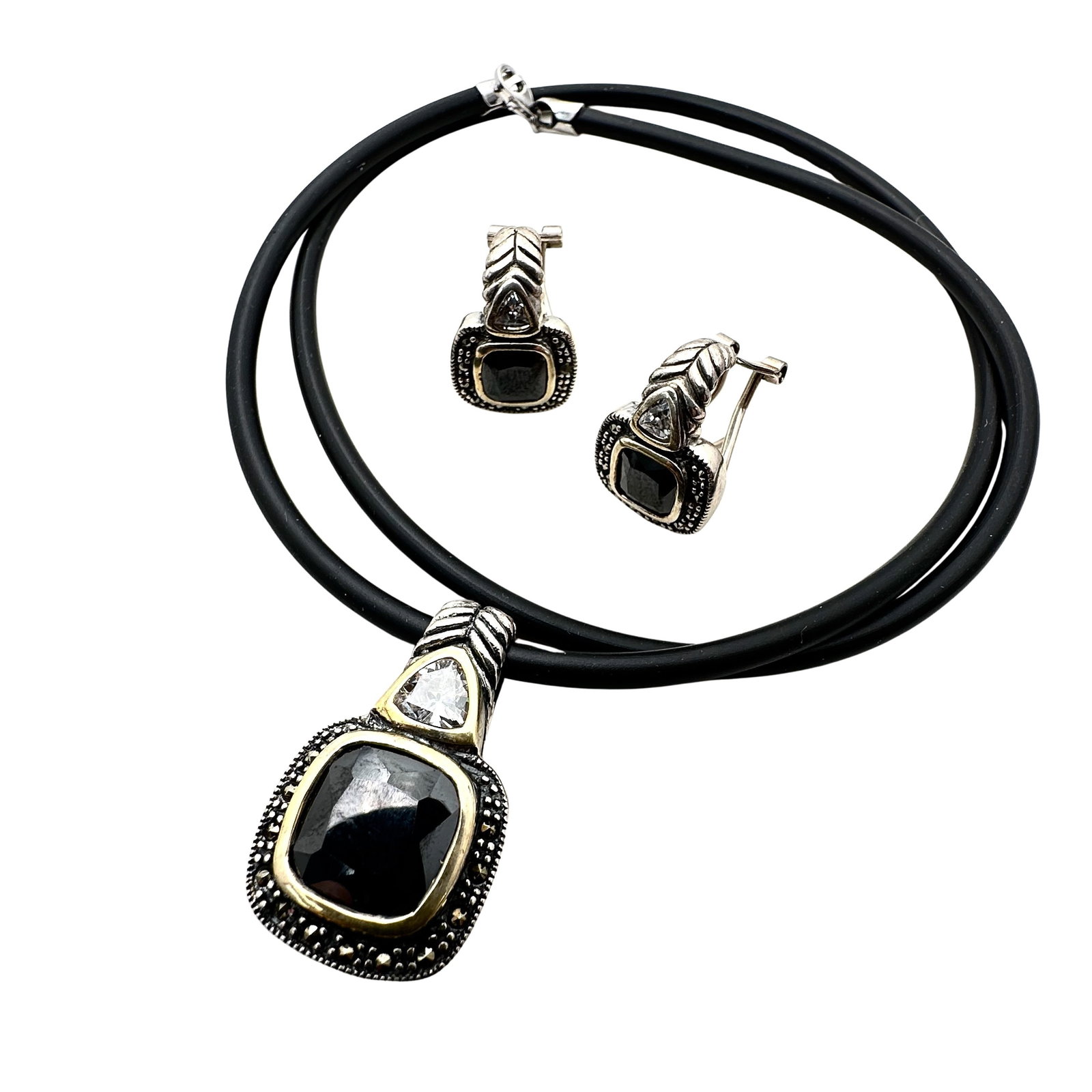 Marcasite Sterling Silver Pendant Necklace Pierced Earrings Set (1 of 2)