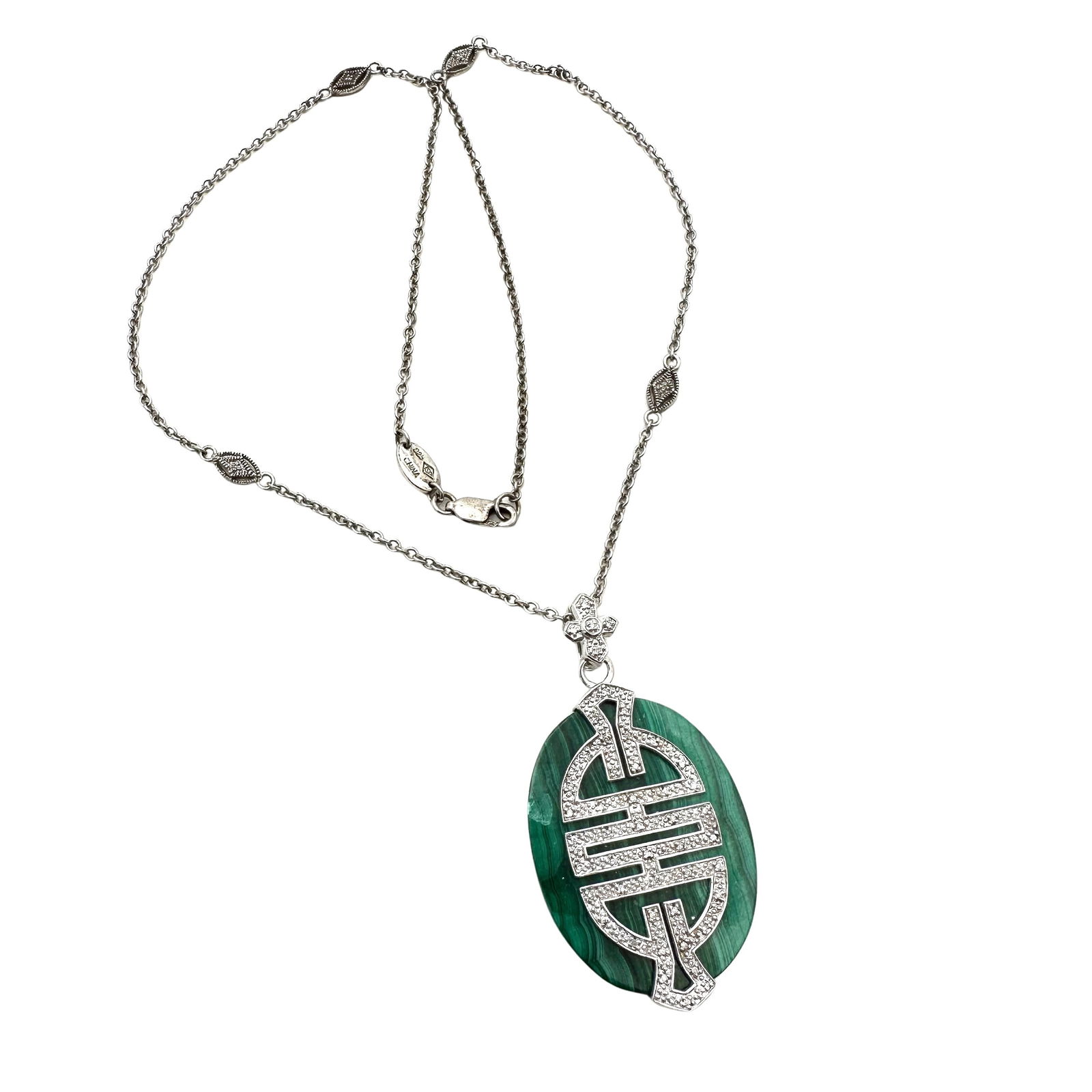 Affinity Diamond Malachite Asian Design Sterling Silver Pendant Necklace: Affinity Diamond Malachite Asian Design Sterling Silver Pendant Necklace 18 Inch Chain, 2 Inch Pendant
