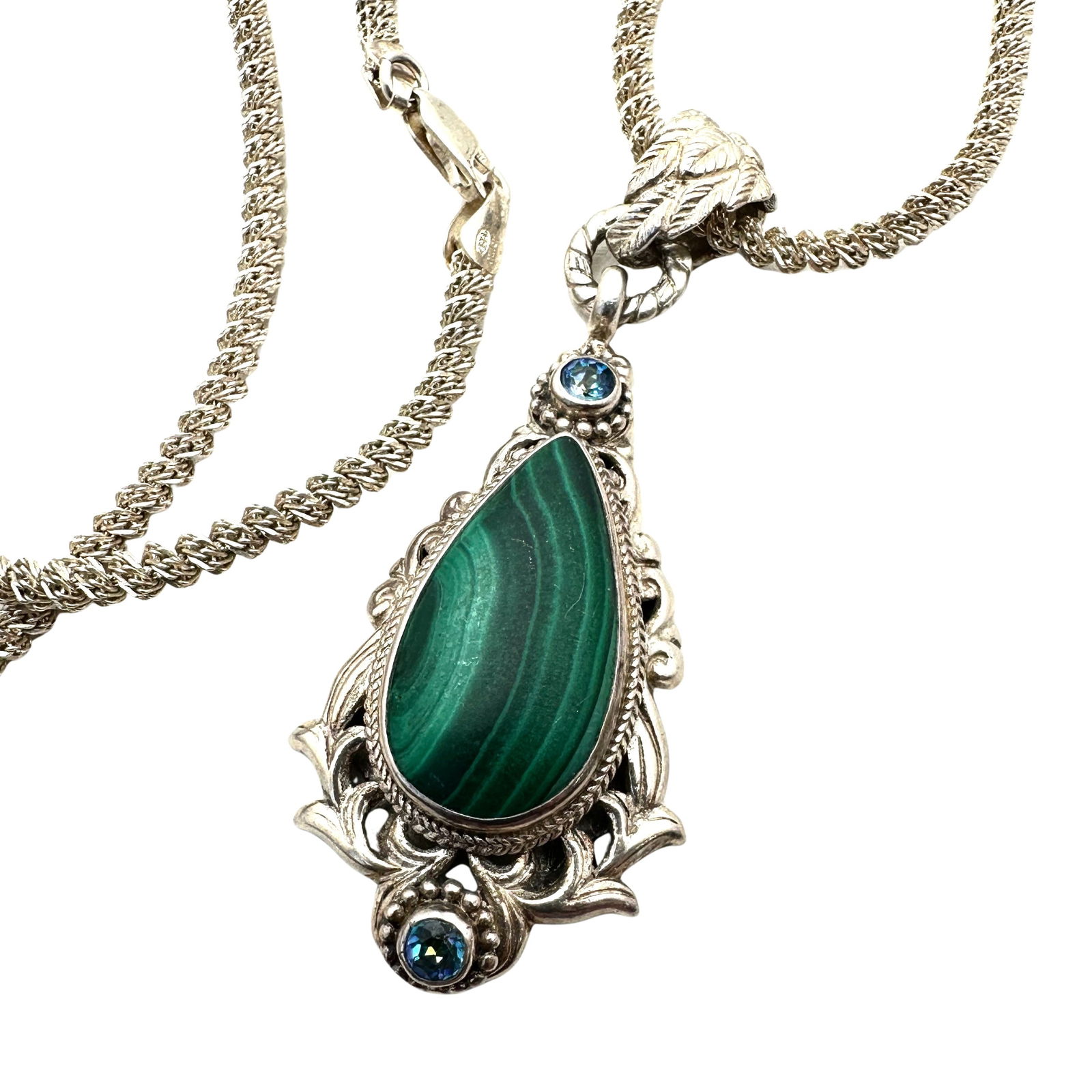 Sarda Malachite Blue Topaz Sterling Silver Pendant Necklace: Sarda Malachite Blue Topaz Sterling Silver Pendant Necklace 22 Inch Chain, 2.5 Inch Pendant, 39 Grams