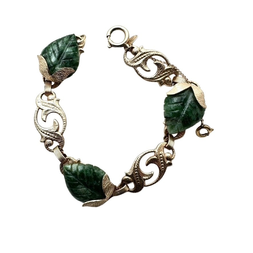 Vintage Gold Filled Carved Jade Leaf Bracelet 6.5 Inch 13 Grams: Vintage Gold Filled Carved Jade Leaf Bracelet 6.5 Inch 13 Grams