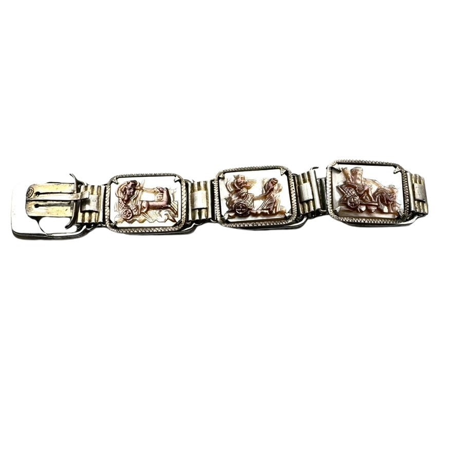 Antique Roman Soldier Carved Pearl Cameo Bracelet Sterling Silver 7 Inch 20 Grams: Antique Roman Soldier Carved Pearl Cameo Bracelet Sterling Silver 7 Inch 20 Grams