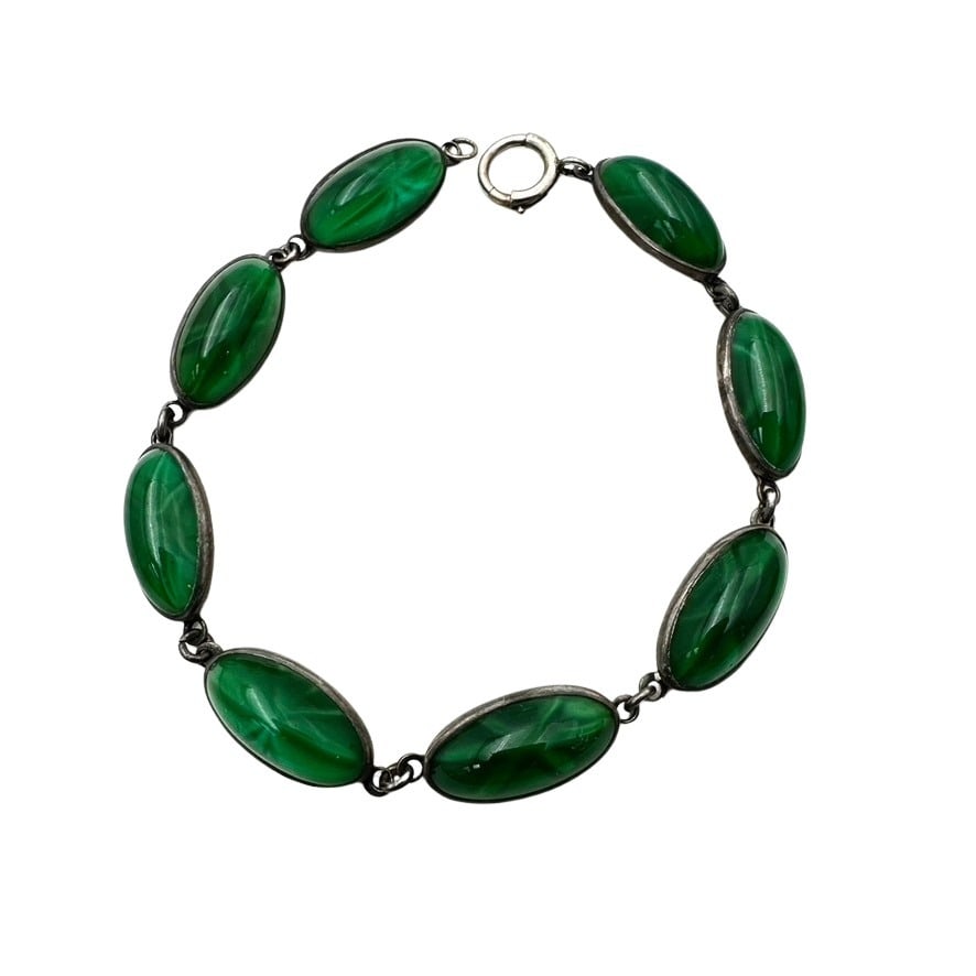 Vintage Antique Green Cats Eye Glass Sterling Silver Bracelet 7 Inch (1 of 3)