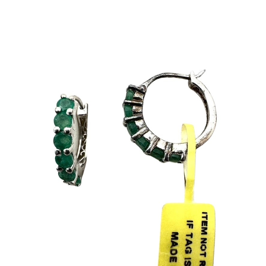 NOS Sterling Silver Green Emerald Gemstone Half Inch Hoops Pierced: NOS Sterling Silver Green Emerald Gemstone Half Inch Hoops Pierced