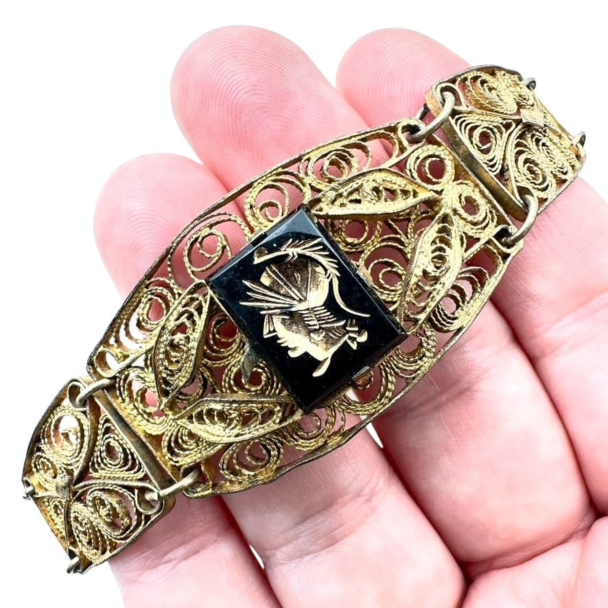 Antique Gold Over Sterling Silver Filigree Intaglio Bracelet 7 Inch 22 Grams: Antique Gold Over Sterling Silver Filigree Intaglio Bracelet 7 Inch 22 Grams
