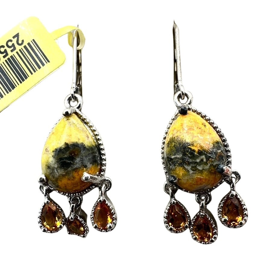 NOS Bumble Bee Jasper Citrine Sterling Silver Pierced Earrings 1.5 Inch (1 of 3)