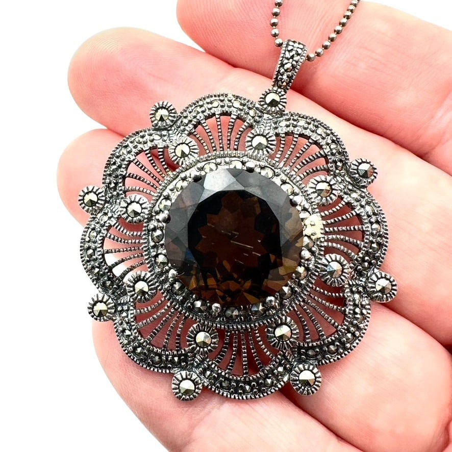 Vintage Marcasite Smokey Topaz Pin Pendant Necklace 18 Inch 19 Grams: Vintage Marcasite Smokey Topaz Pin Pendant Necklace 18 Inch 19 Grams