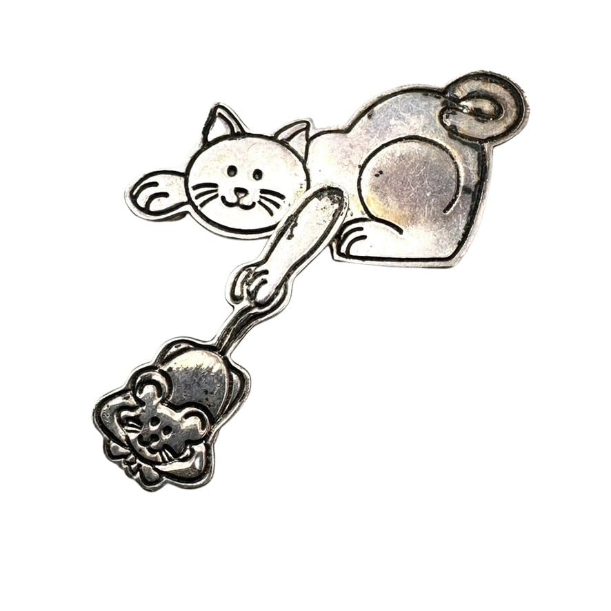 Vintage Mexico Cat Mouse Sterling Silver Brooch Pin 2 Inch 9 Grams (1 of 3)