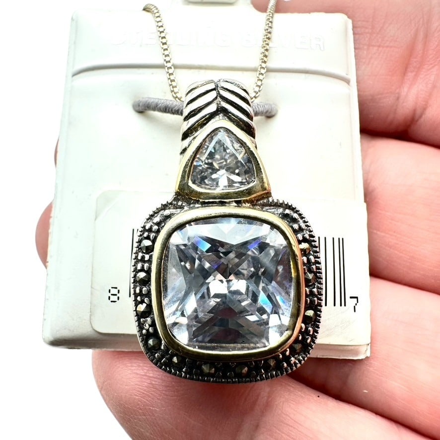 NOS Marcasite Two Tone CZ Sterling Silver Pendant Necklace Original Card (1 of 3)
