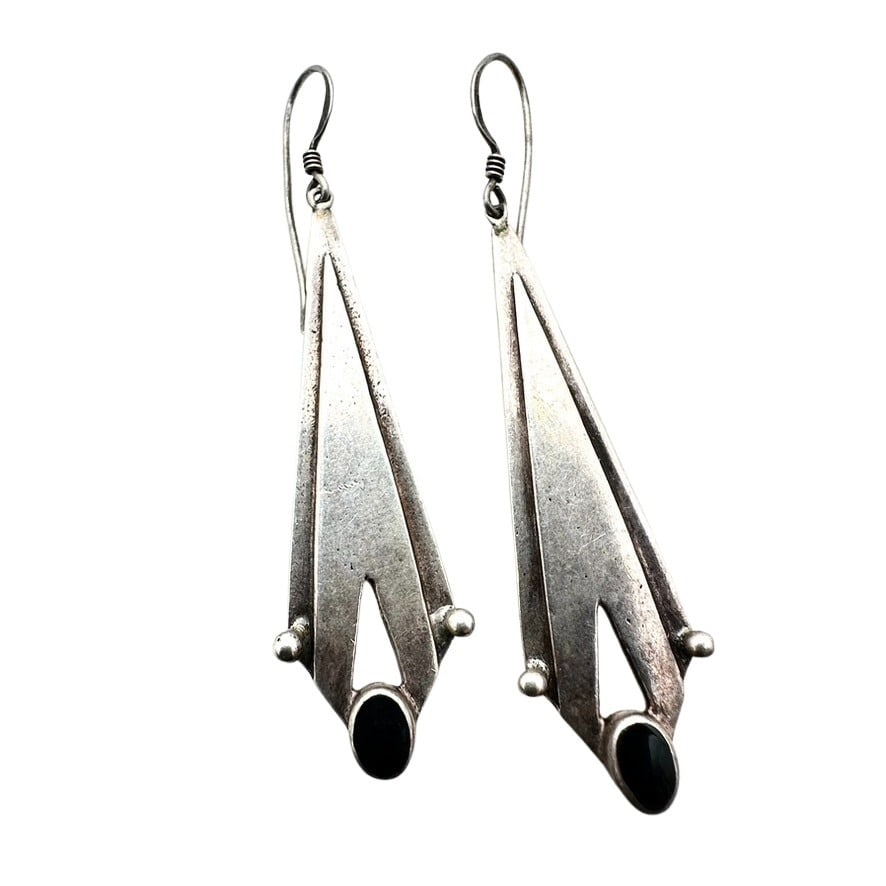 Vintage Sterling Silver Black Onyx Earrings 2.25 Inch Pierced: Vintage Sterling Silver Black Onyx Earrings 2.25 Inch Pierced