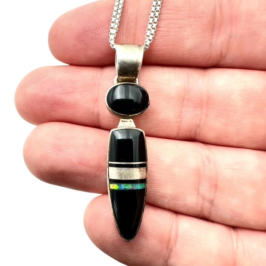 Native American KB Inlay Opal Onyx Sterling Silver Pendant Necklace 28 Inch Chain (1 of 3)