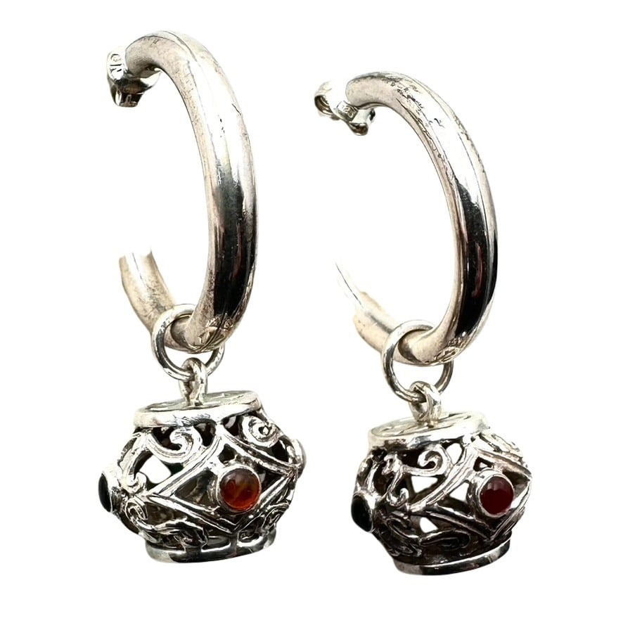 Designer ND Sterling Silver Multi Gemstone Filigree Ball Hoop Earrings Pierced (1 of 3)