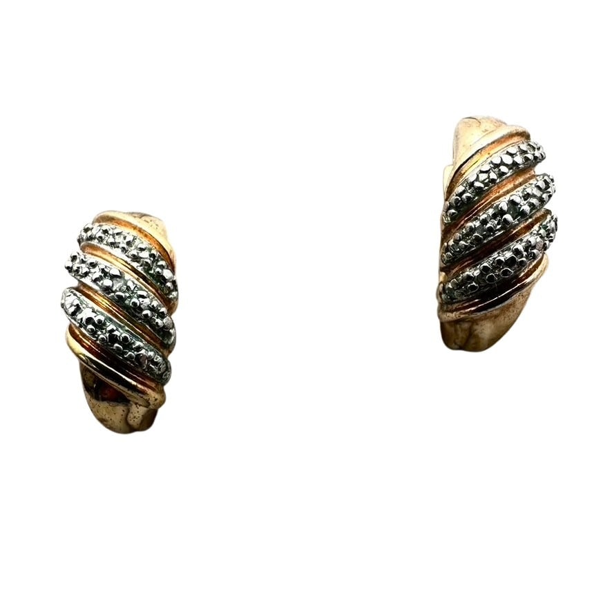 Gold Over Sterling Silver Diamond Chip Half Hoop Earrings Pierced: Gold Over Sterling Silver Diamond Chip Half Hoop Earrings Pierced
