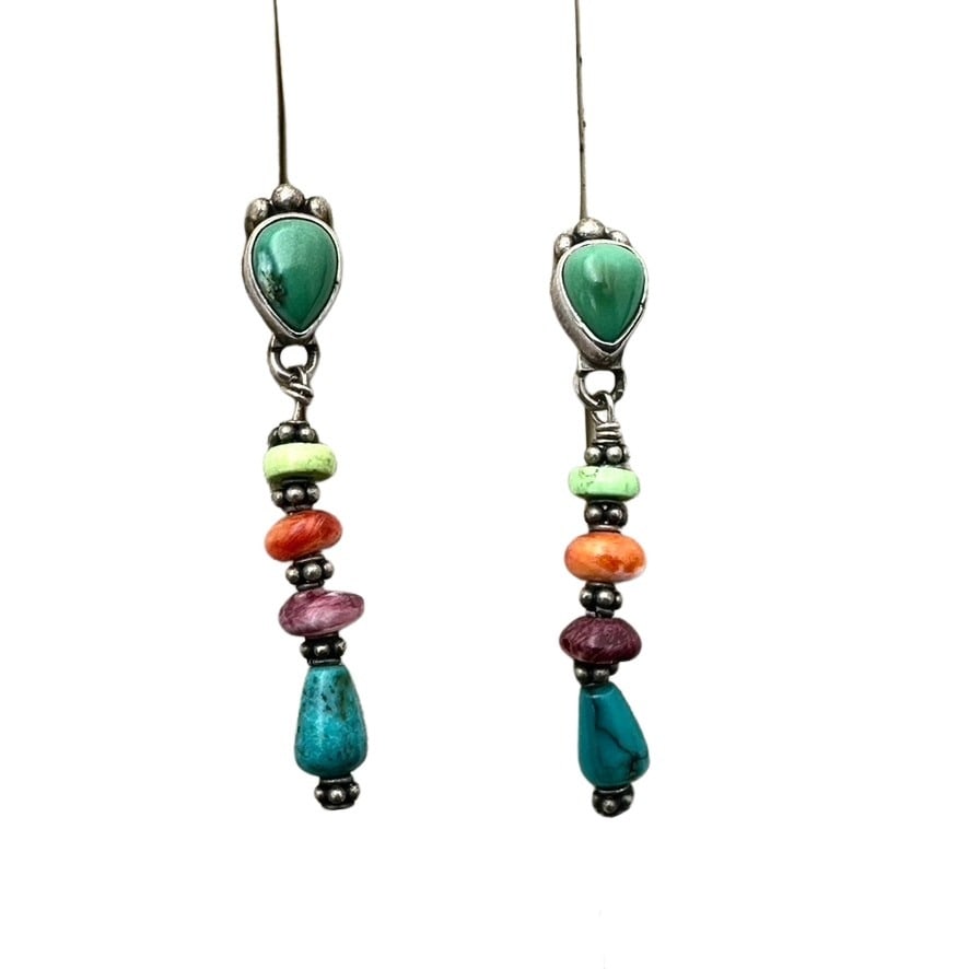 American Southwest Sterling Silver Turquoise Coral Chandelier Pierced Earrings: American Southwest Sterling Silver Turquoise Coral Chandelier Pierced Earrings