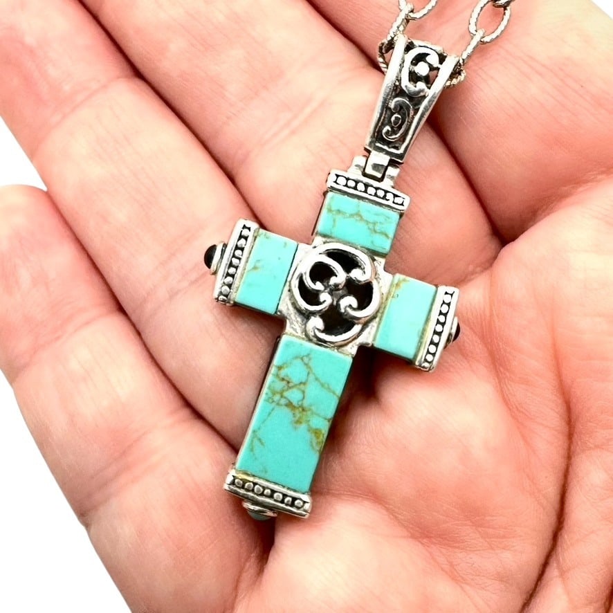 Reversible Black Onyx Turquoise Cross Sterling Silver Pendant Necklace 16 Inch 15 Grams: Reversible Black Onyx Turquoise Cross Sterling Silver Pendant Necklace 16 Inch 15 Grams