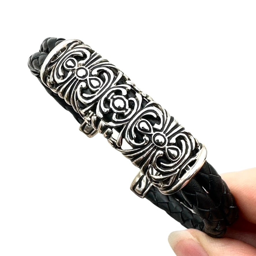 Joseph Esposito Black Leather Sterling Silver Cuff Bracelet Adjustable (1 of 3)