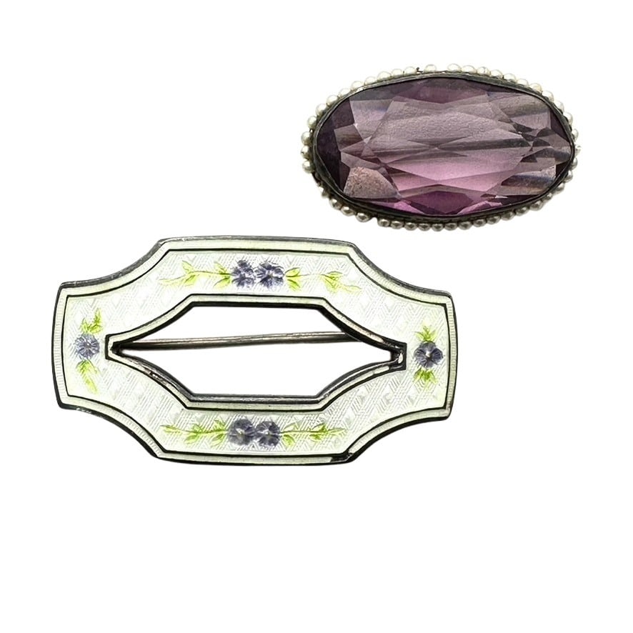 Antique Group of Two Victorian Brooches Pins Sterling Enamel Glass (1 of 3)