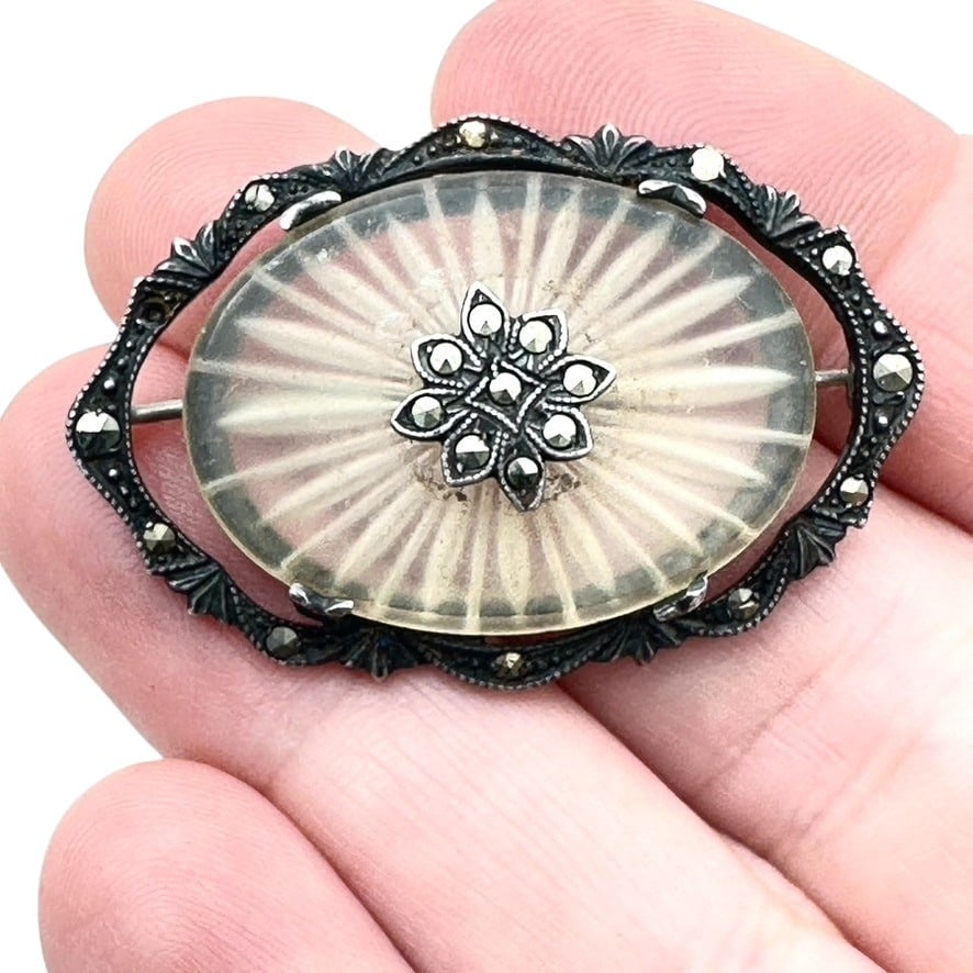 Antique Camphor Glass Marcasite Sterling Silver Brooch Pin: Antique Camphor Glass Marcasite Sterling Silver Brooch Pin