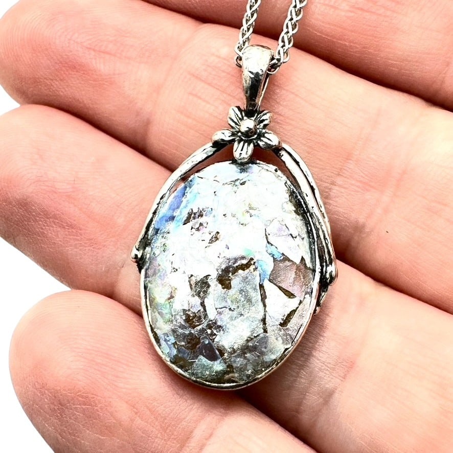 Ancient Roman Glass Sterling Silver Pendant Necklace 7 Grams (1 of 2)