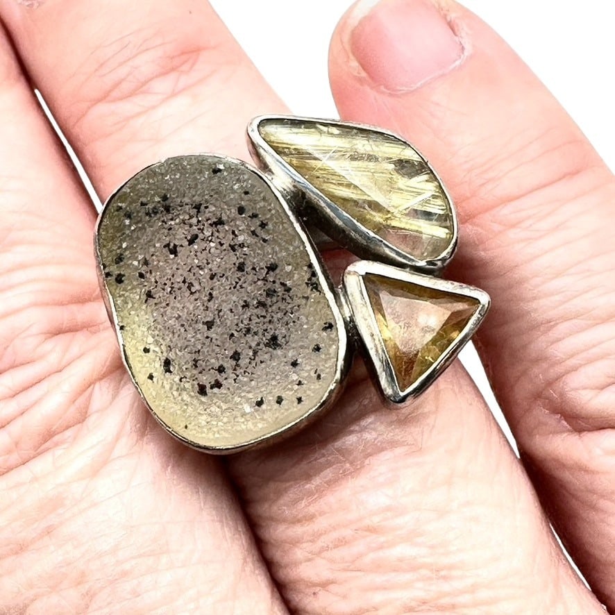 Sterling Silver Druzy Quartz Multi Gemstone Ring Adjustable Size (1 of 3)