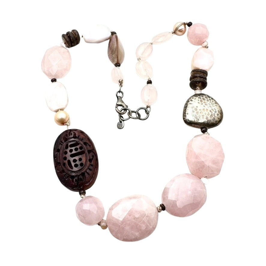 Silpada Pink Quartz Carved Beads Sterling Silver Necklace 18 Inch Length: Silpada Pink Quartz Carved Beads Sterling Silver Necklace 18 Inch Length