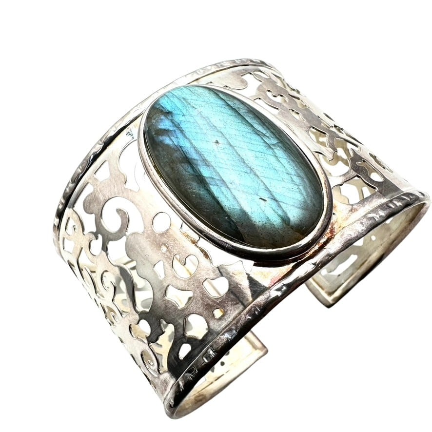 Sterling Silver Wide Labradorite Gemstone Cuff Bracelet 47 Grams (1 of 3)