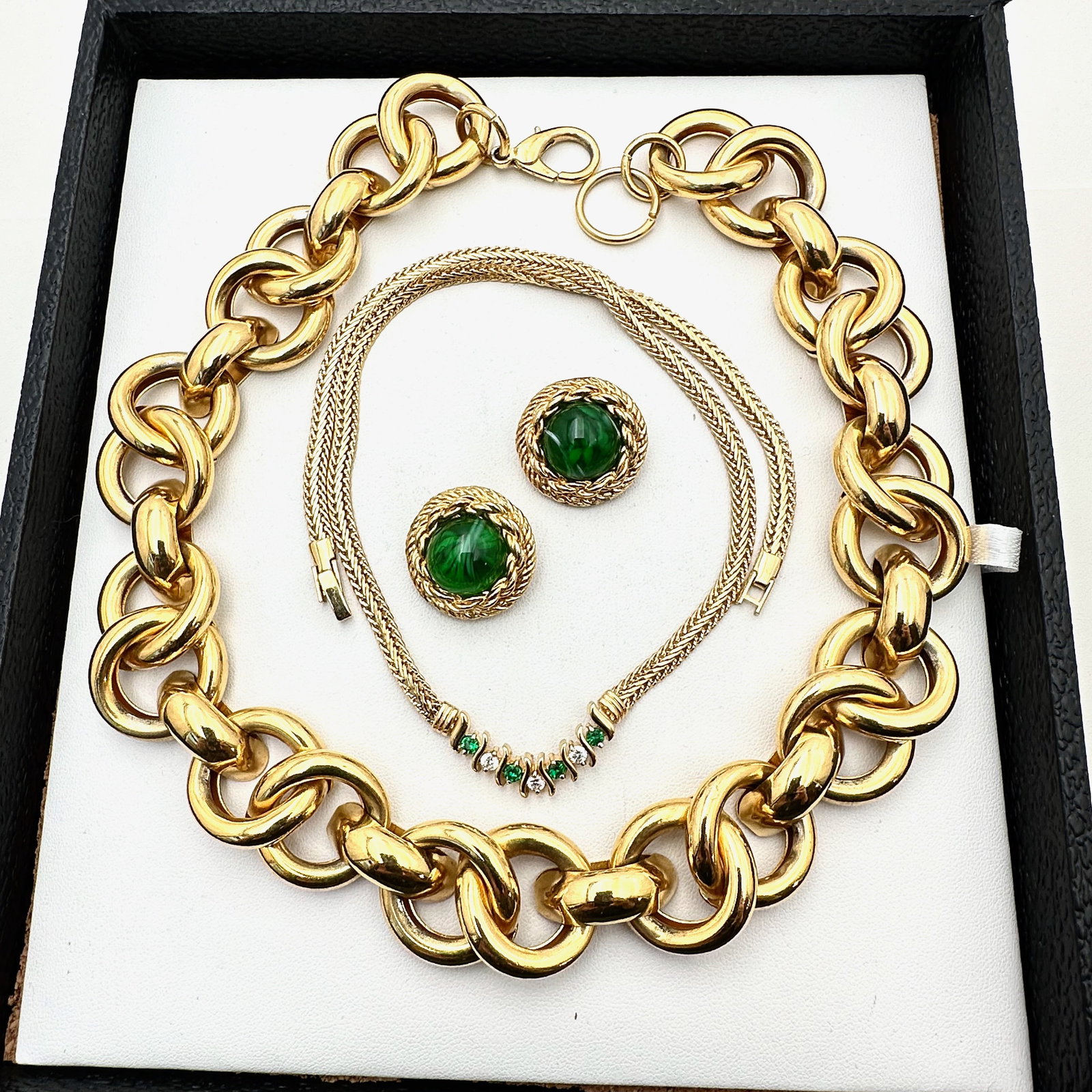 Vintage Gold Tone Jewelry Group Green Gripoix Glass Earrings Necklaces: Vintage Gold Tone Jewelry Group Green Gripoix Glass Earrings Necklaces
